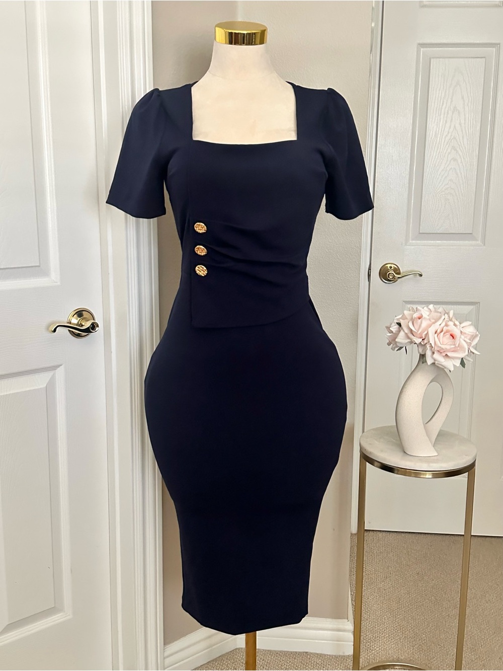 Fashion Nova Navy Square-Neck Midi Dress w/ Gold Button Detail & Back Slit Sz M